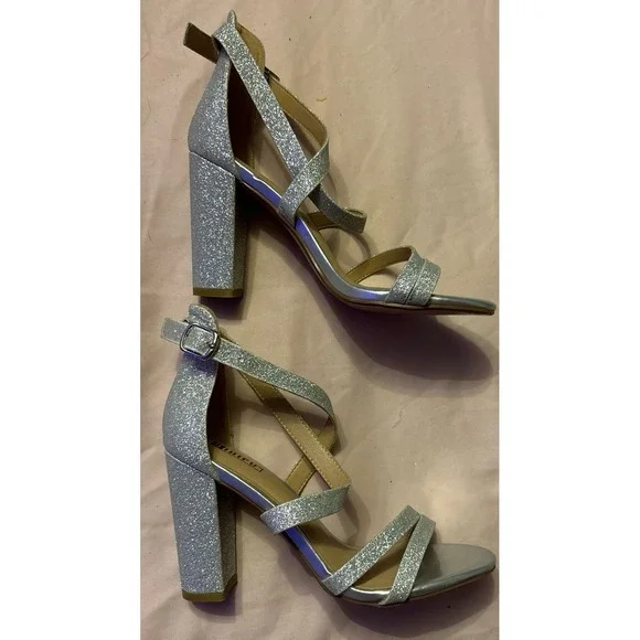 NEW Didifu Women's Silver Glitter Strappy Open Toe Chunky Heels, Size 9 - Picture 10 of 11